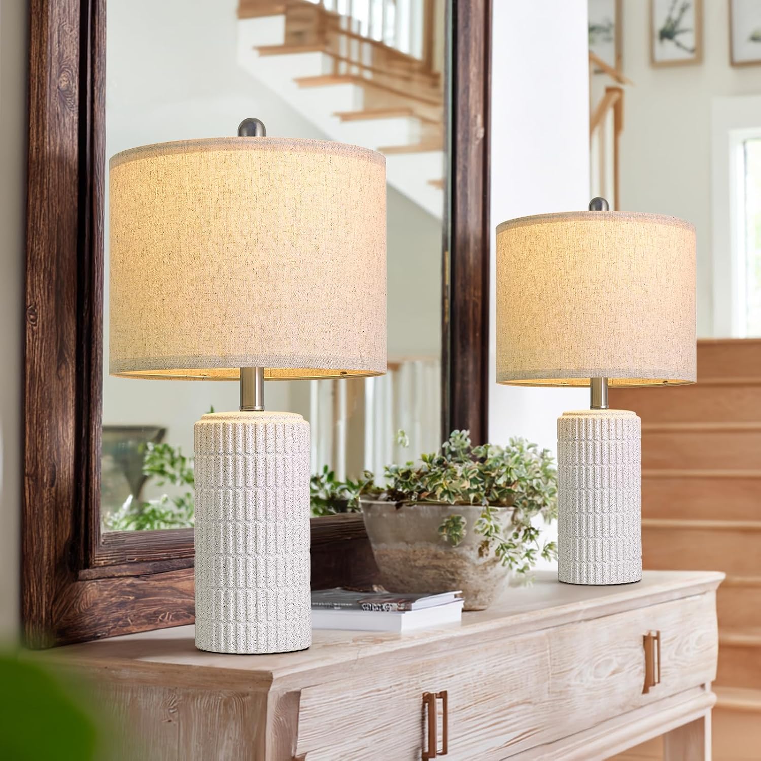 PoKat 20.75" Stone-Like Farmhouse Ceramic Table Lamps Set of 2 for Bedroom, White Bedside Lamps for Night Stands, Matte-Textured Decor…