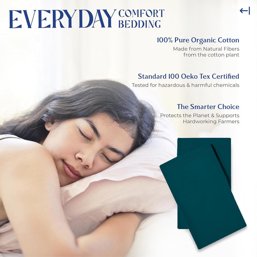 Mayfair Linen 100% Organic Cotton Percale Pillow Cases Queen/Standard Size Set of 2 - Percale Pillowcovers Standard/Queen (Teal), Soft…