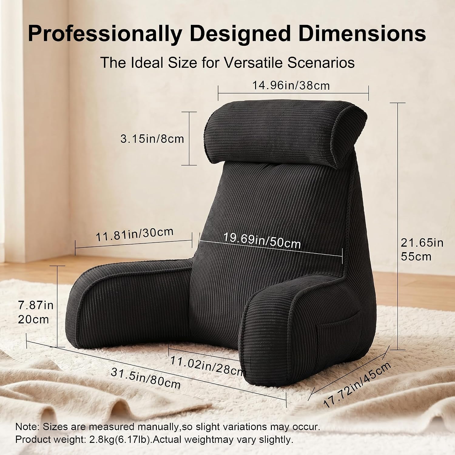 Ailuteie Corduroy Reading Pillow for Sitting Up in Bed, Bed Rest Backrest Pillow with Arms, Low Back Support Cushion with Side Pockets & Wa…