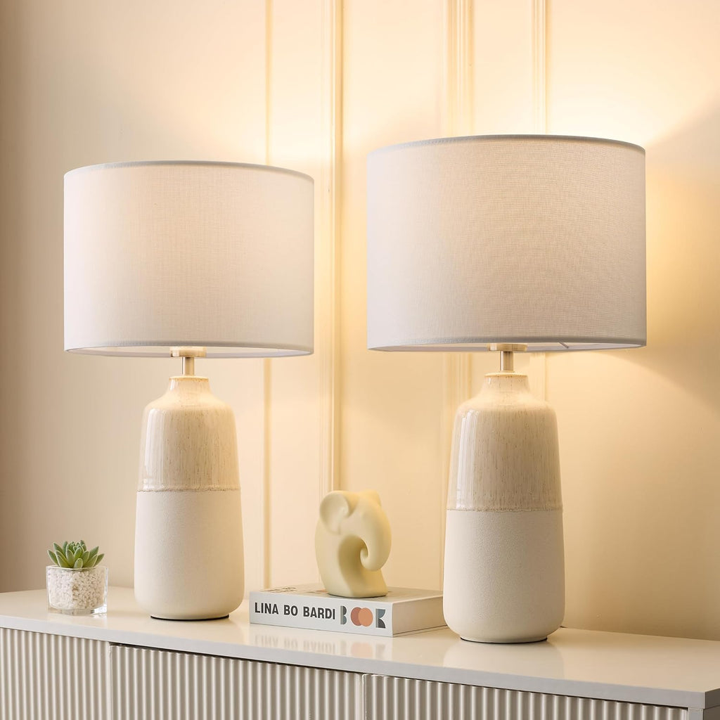 BrightWe Tall Ceramic Table Lamp Set of 2, White Lamps for Bedroom Farmhouse Rustic Lamp Set Bedside Nightstand Lamps Set of Two Side…