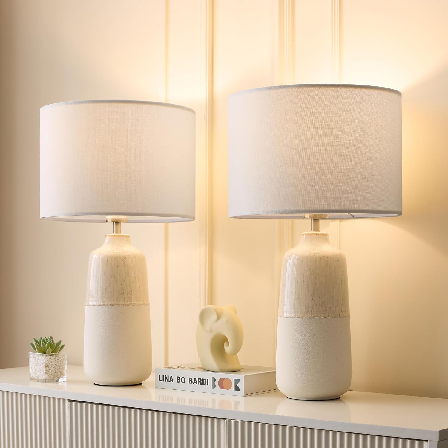BrightWe Tall Ceramic Table Lamp Set of 2, White Lamps for Bedroom Farmhouse Rustic Lamp Set Bedside Nightstand Lamps Set of Two Side…