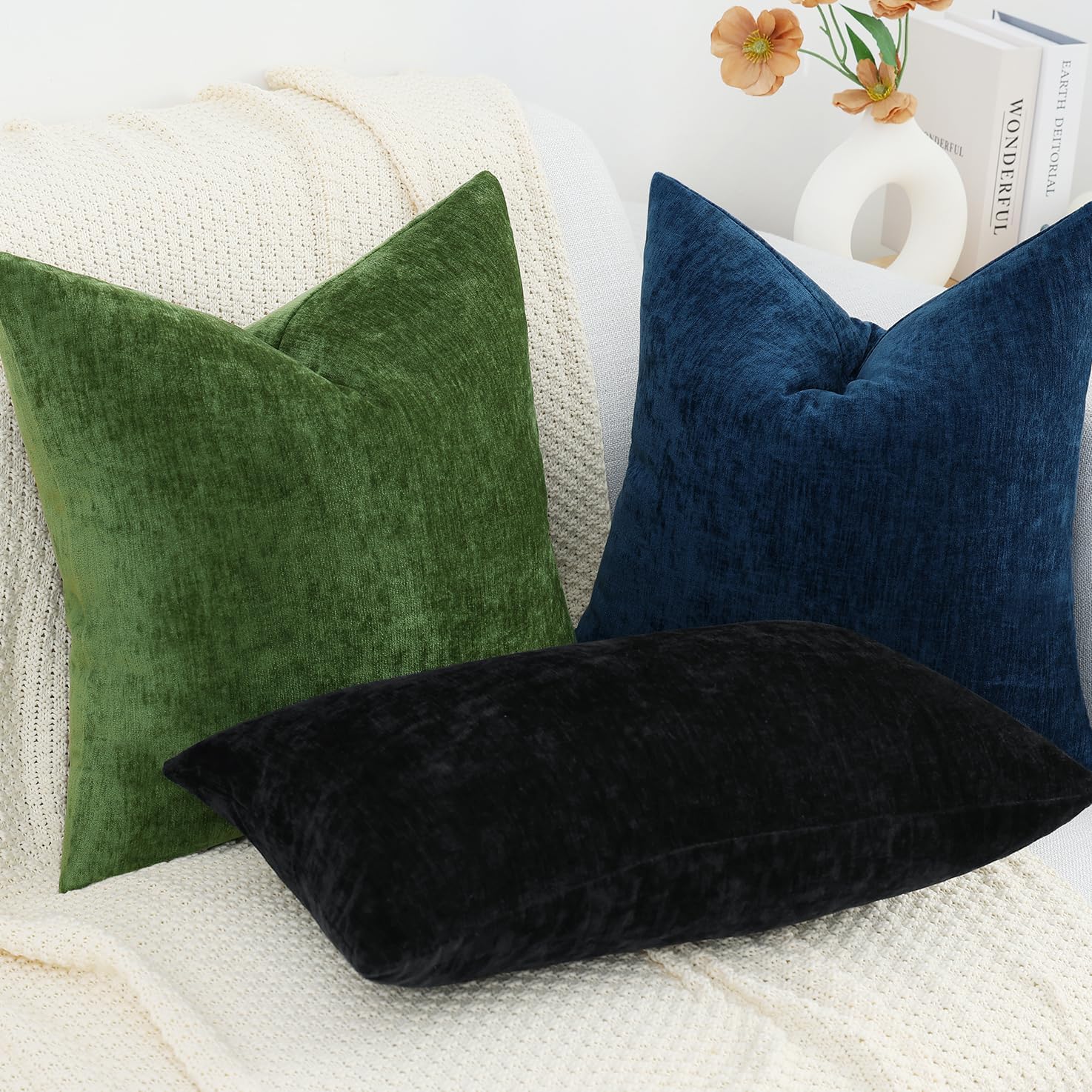 decorUhome Chenille Black Throw Pillow Covers 24x24 Inch Set of 2, Decorative Soft Couch Pillow Covers Solid Dyed Accent Farmhouse Neutral…
