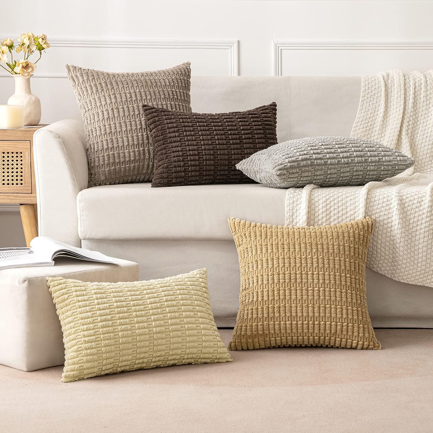 Miulee Pack of 2 Corduroy Decorative Throw Pillow Covers 20x20 Inch Soft Boho Striped Pillow Covers Modern Farmhouse Home Decor for Sofa Li…