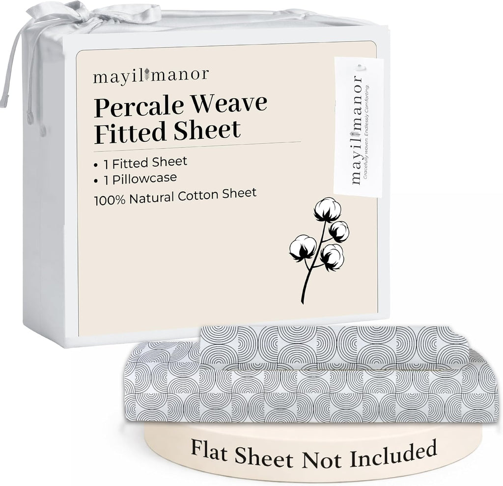 Twin XL Fitted Sheet with 18" Deep Pockets, No Flat - Percale Weave Natural - Breathable 100% Cotton Printed Bedding, 1 Fitted Sheet + 1…