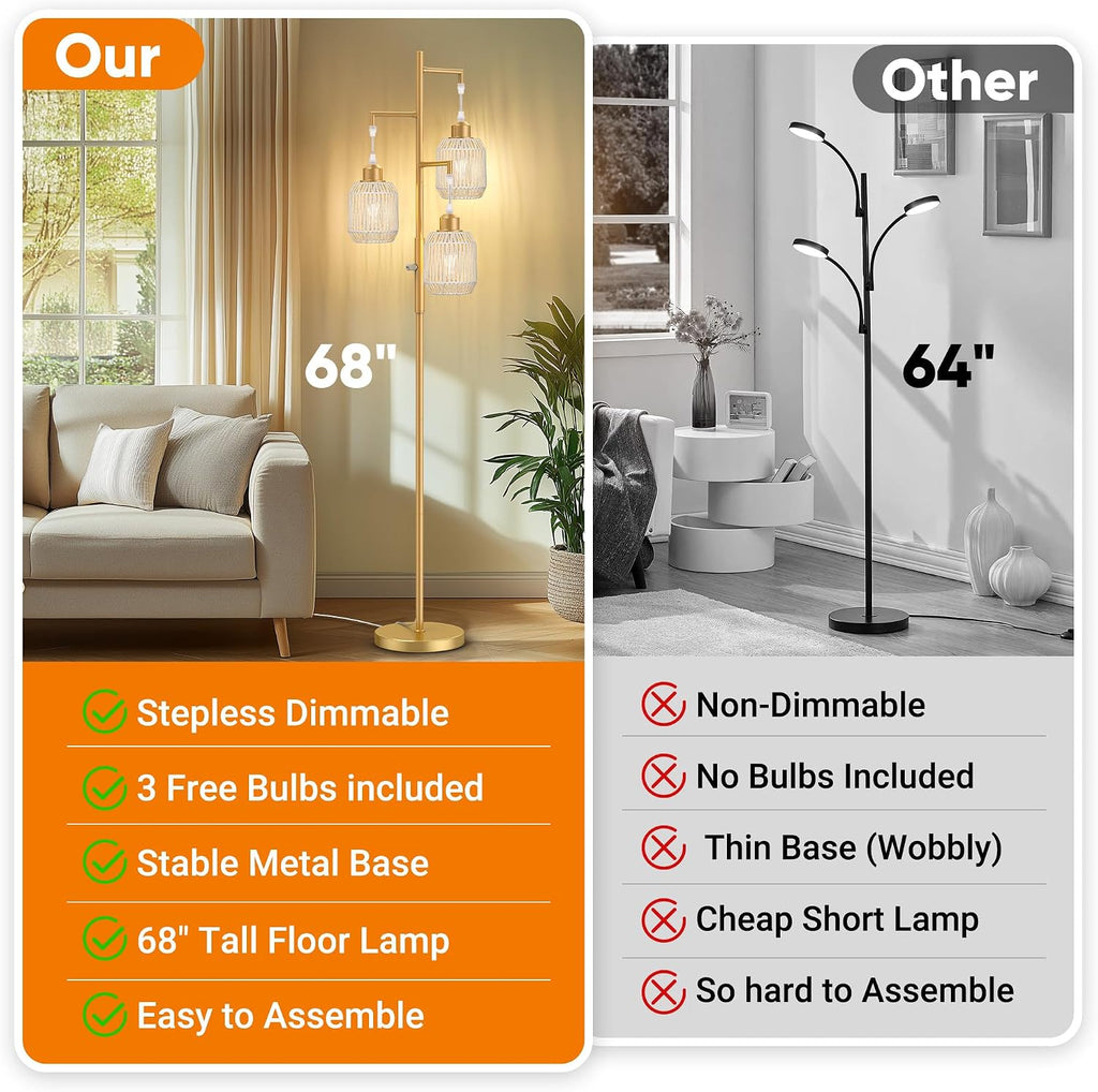 ROTTOGOON Dimmable Boho Floor Lamp - 3 Light Farmhouse Rattan Floor Lamp for Living Room, Industrial Tree Floor Lamps with 3 X 6W LED…