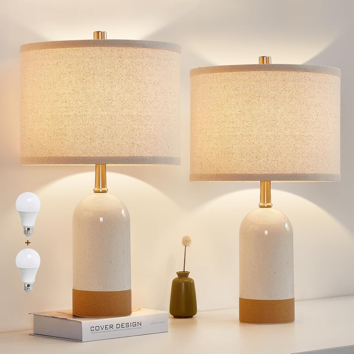 GyroVu Small Table Lamps Set of 2, Bedside Lamp for Bedroom, 21.5" Nightstand Ceramic Desk Lamp for Kids Room, Living Room, Dorm…