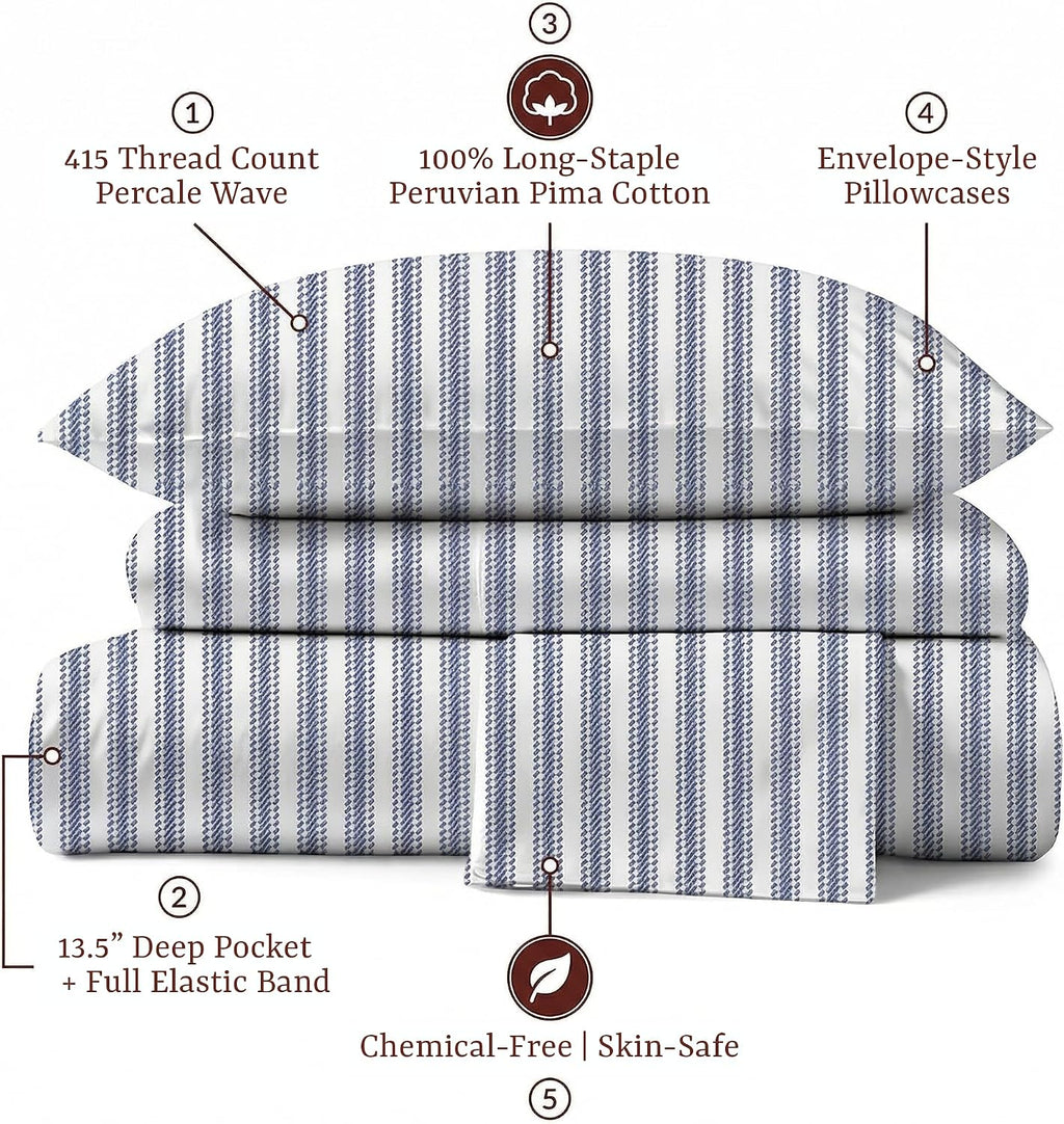 Perupima Peru Pima 415 Thread Count Percal King Sheet Set - 100% Peruvian Pima Cotton, 4 Piece (Flat, Fitted, 2 Pillowcases) - Cooling, Cri…