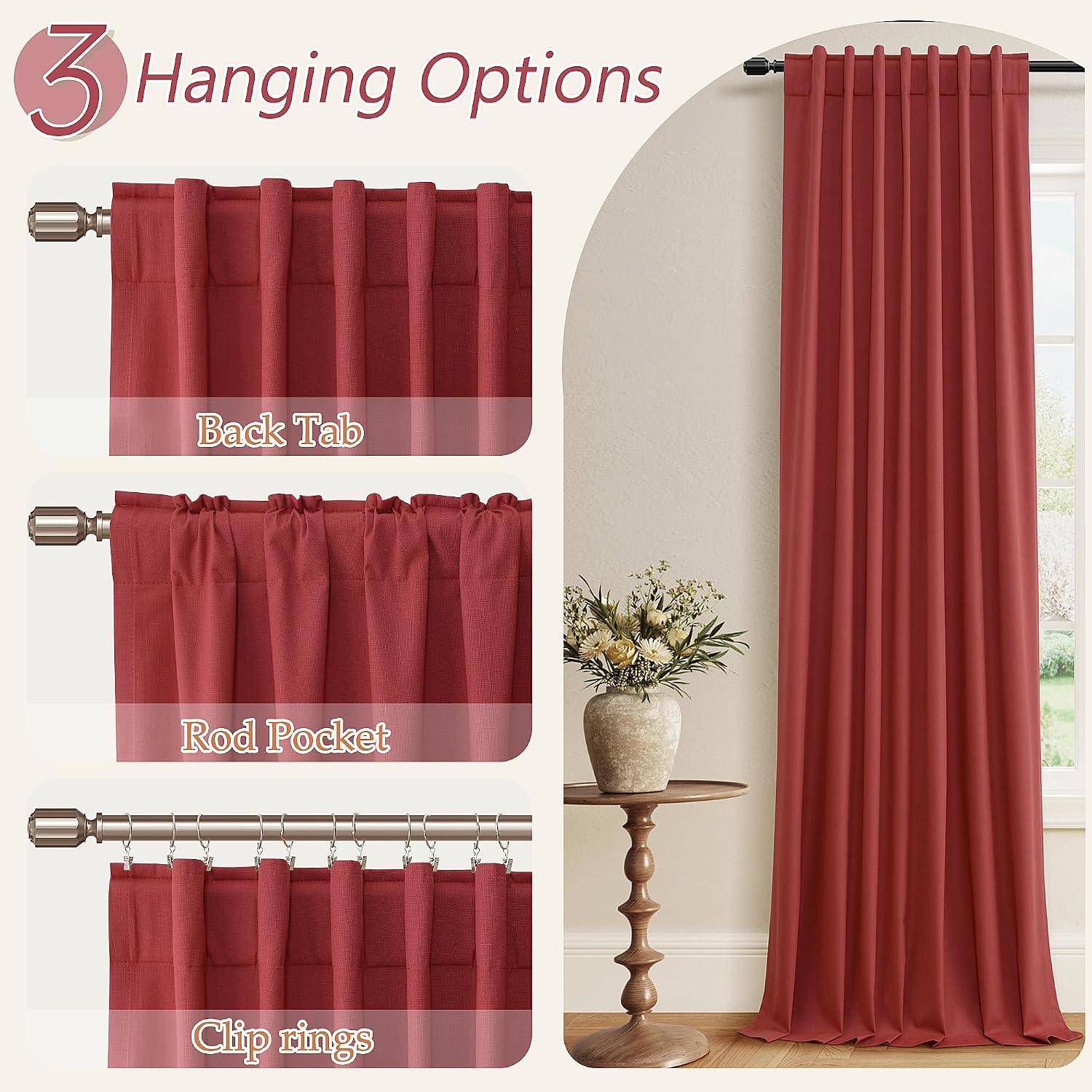 Guken Red 100% Blackout Linen Curtains 102 Inch Length 2 Panels Set for Living Room Bedroom Back Tab Thermal Insulated Black Out Drapes Roo…