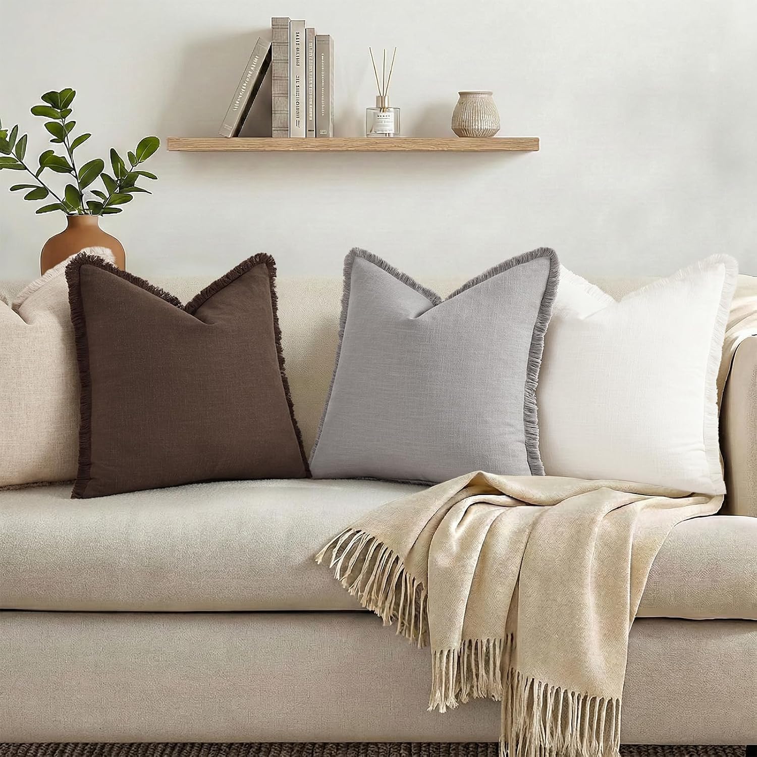 decorUhome Summer Decorative Neutral Linen Fringe Euro Sham Throw Pillow Covers Set of 2 Light Grey Pillow Covers with Tassels Soft Farmhou…