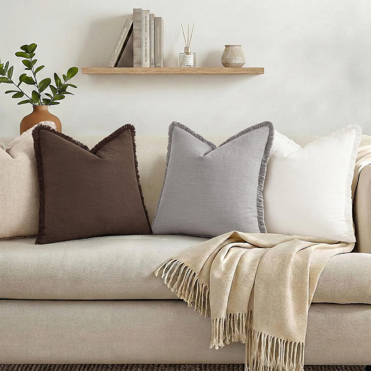 decorUhome Summer Decorative Neutral Linen Fringe Euro Sham Throw Pillow Covers Set of 2 Light Grey Pillow Covers with Tassels Soft Farmhou…