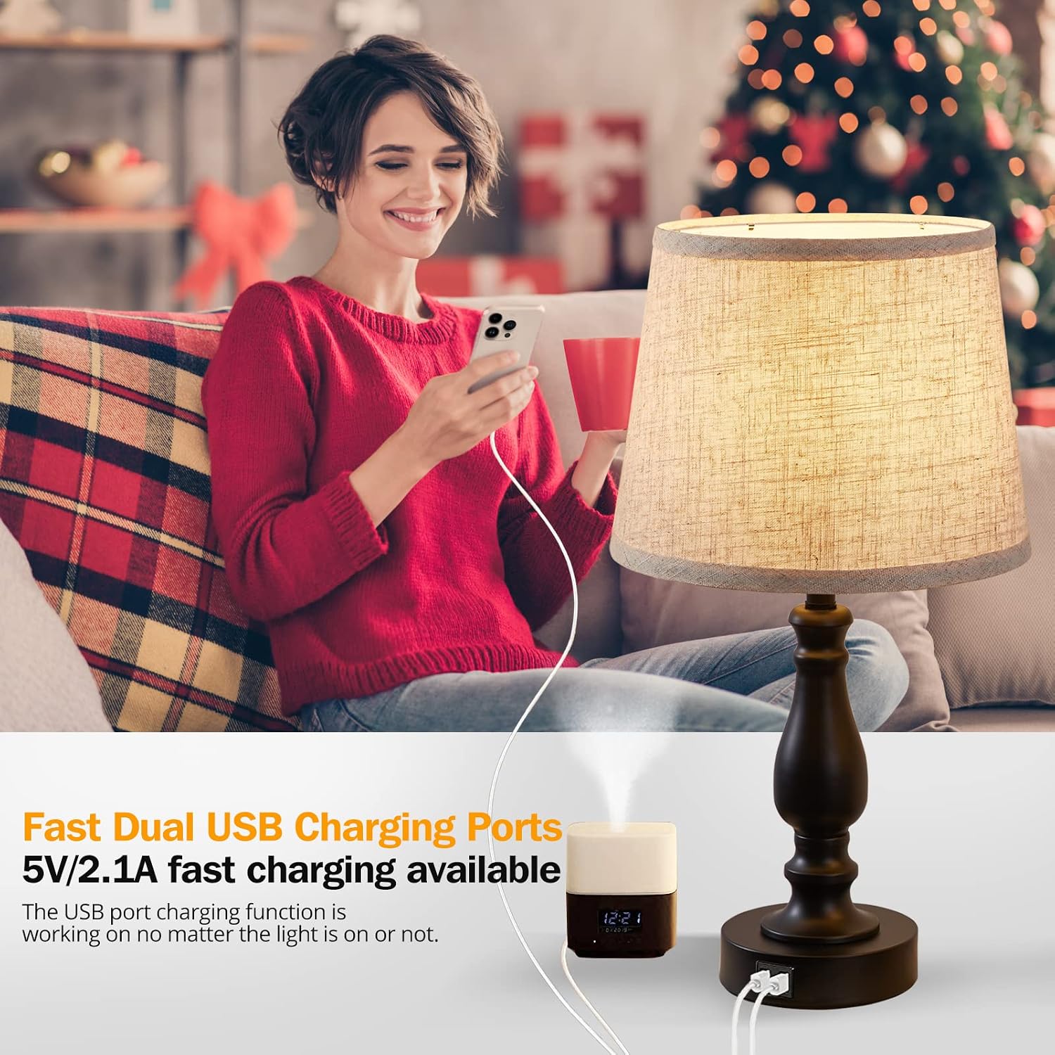 EJIAXIN Table Lamps Set of 2, Bedside Nightstand Lamps with USB Charging Ports, Dimmable Touch with Linen Fabric Lampshade, Modern Small…