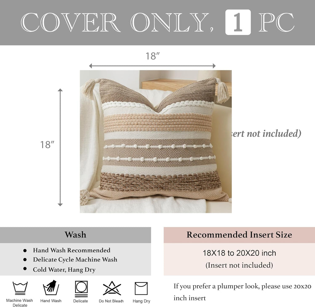 BlissBlush Brown Decorative Throw Pillow Cover 18x18 Square Boho Accent Pillowcase Tassels Farmhouse Cushion for Couch Sofa Bedroom…