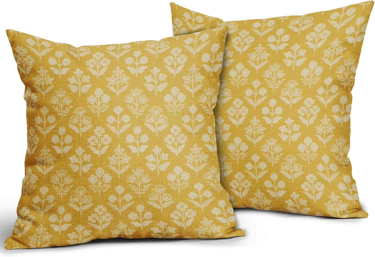 Yellow Floral Block Print Pillow Covers 16x16 Inch Set of 2, Vintage Flower Pattern Decorative Throw Pillowcases Outdoor Farmhouse…
