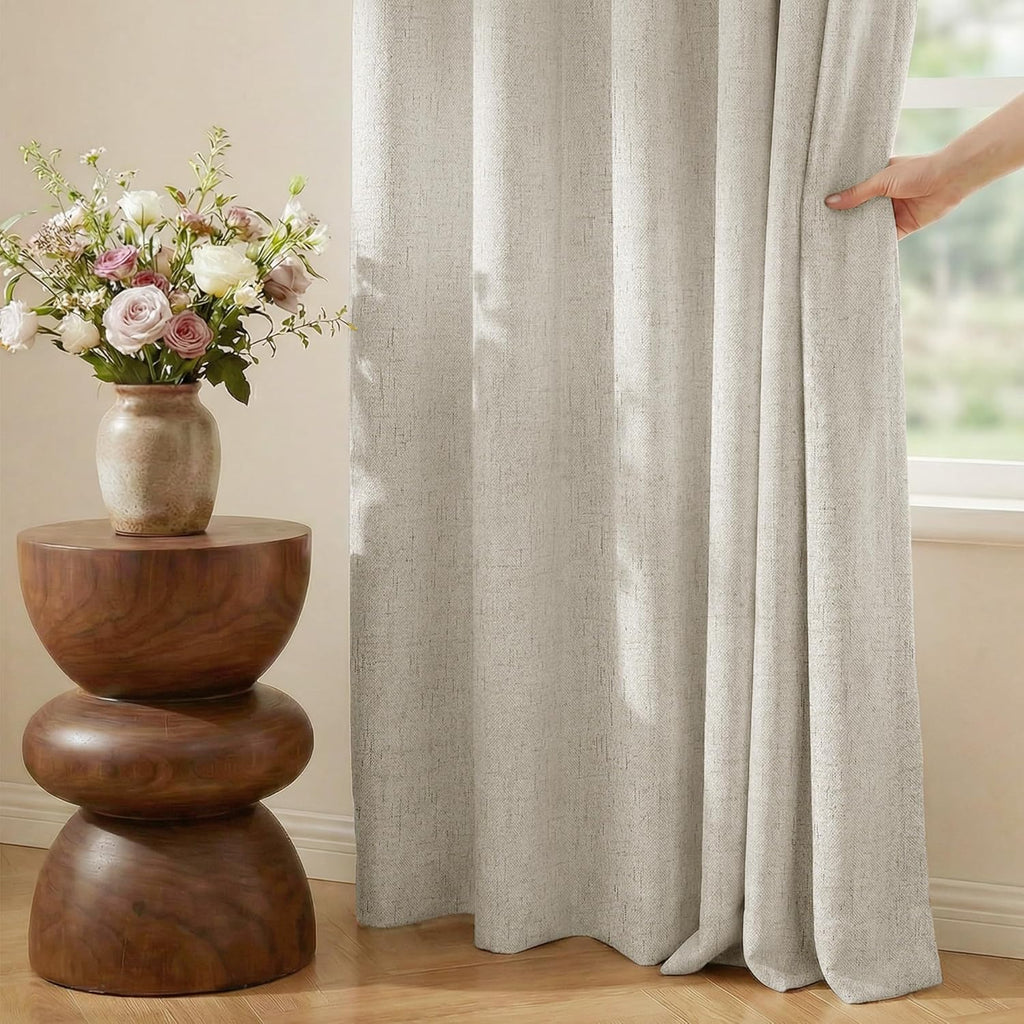 Nicetown Linen Blend 100% Blackout Ivory Curtains 84 inches Long, White Liner Composite Thermal Drapes Casual & Relax Sound Reducing Window…