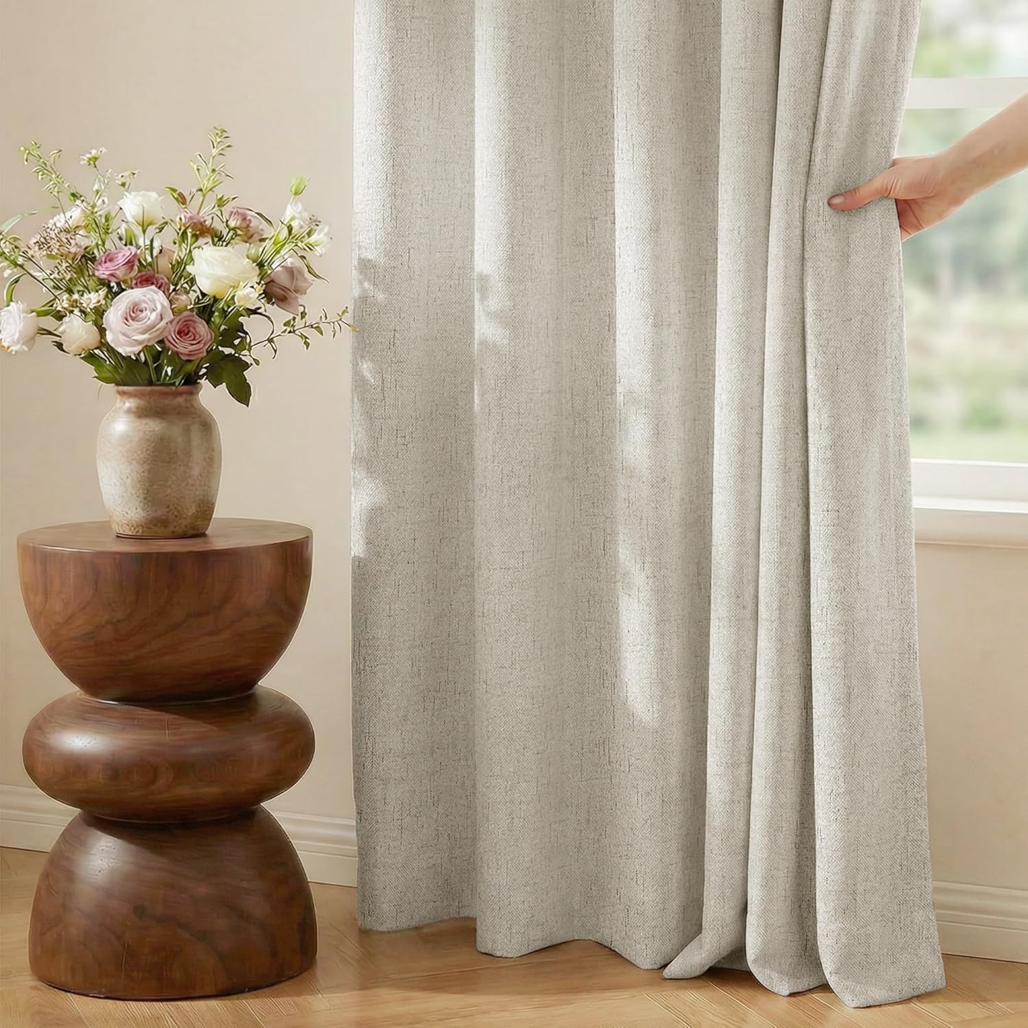 Nicetown Linen Blend 100% Blackout Ivory Curtains 84 inches Long, White Liner Composite Thermal Drapes Casual & Relax Sound Reducing Window…