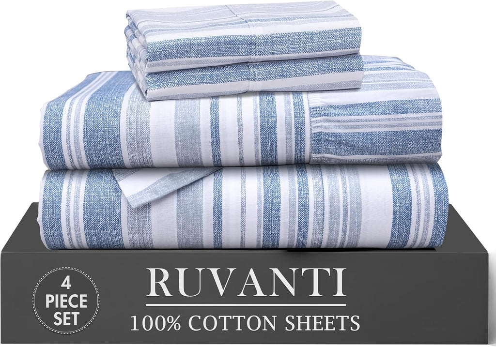 Ruvanti 100% Cotton Percale Sheets Twin Size 4 Piece Set, Cooling Bed Sheets for Hot Sleepers, Deep Pocket 16”, Breathable Lightweight & Du…