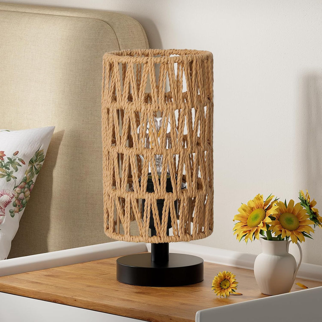 Fenmzee Small Table Lamp for Bedroom - Inline Control, Bedside Lamp with 3000K A15 LED Blub, Easy Assembly(Rattan Rope Shade-Black…