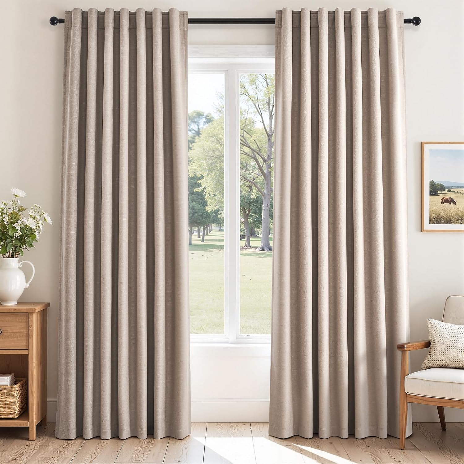 Topfinel 92 inch Long Blackout Curtains 2 Panels Set Neutral Beige Window Drapes 100% Blackout Linen Curtain with Back Tab Rod Pocket Sunli…