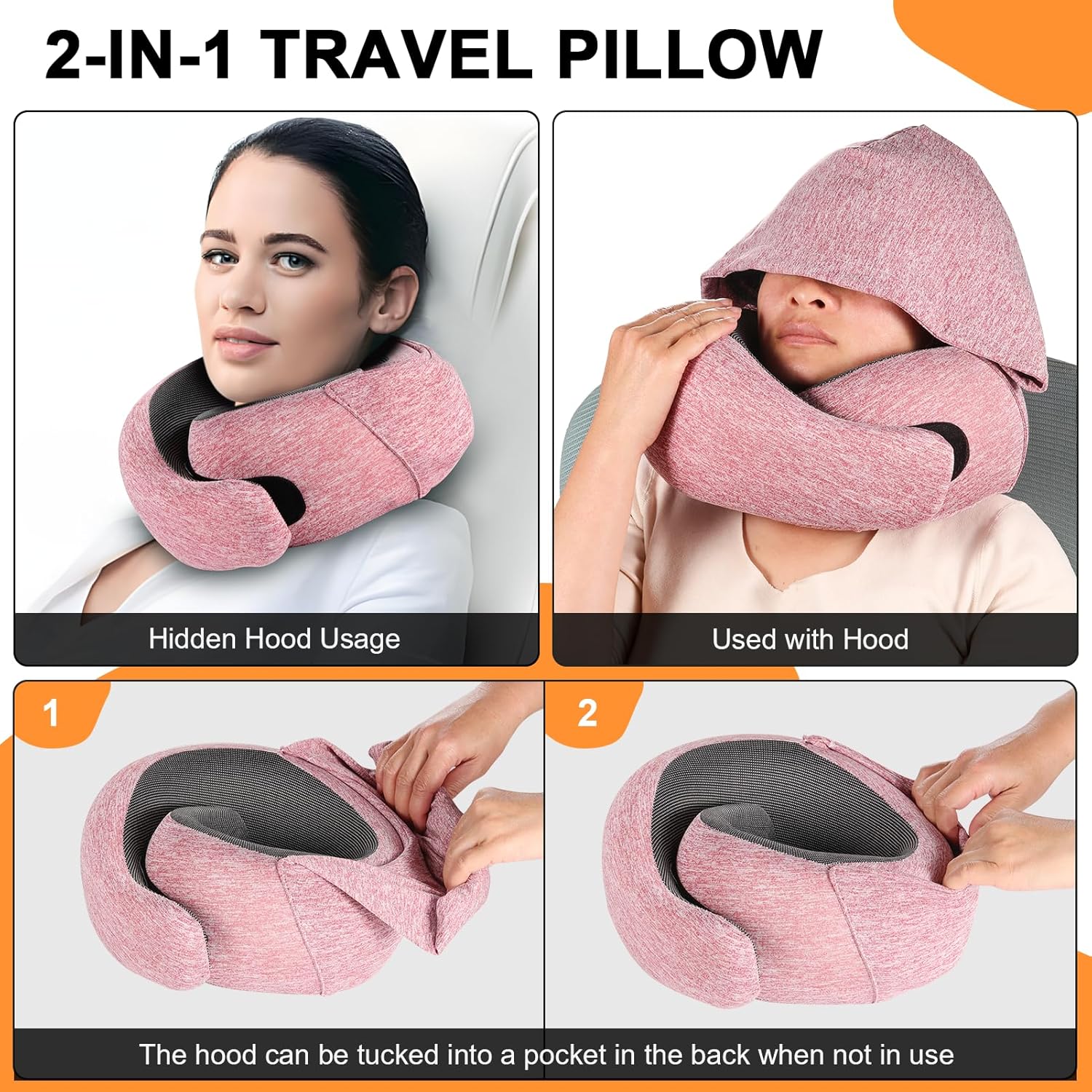 Vzpeun Travel Pillow - Hooded Neck Pillow Airplane Memory Foam Filling for Plane, Cars Sleeping, Road Trip, Long Flights, Portable Plane Ac…