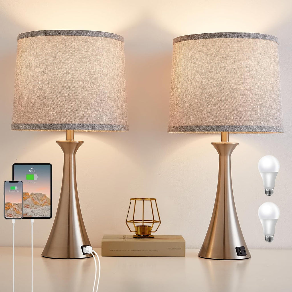Touch Lamp for Living Room Bedroom, 21" Table Lamps Set of 2 with USB C+A Ports and Grey Lamp Shades, Touch Bedside Lamps for Nightstand…