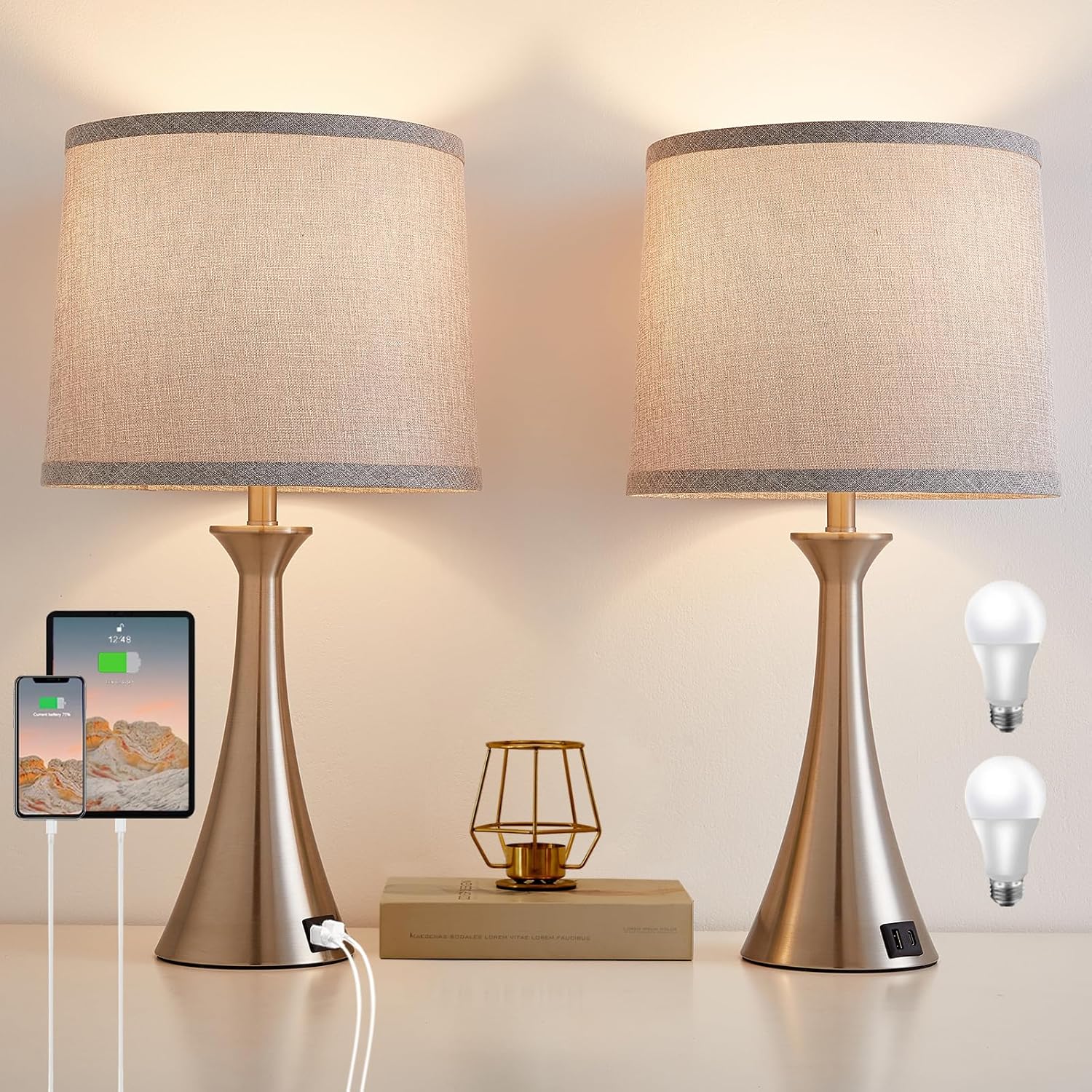 Touch Lamp for Living Room Bedroom, 21" Table Lamps Set of 2 with USB C+A Ports and Grey Lamp Shades, Touch Bedside Lamps for Nightstand…