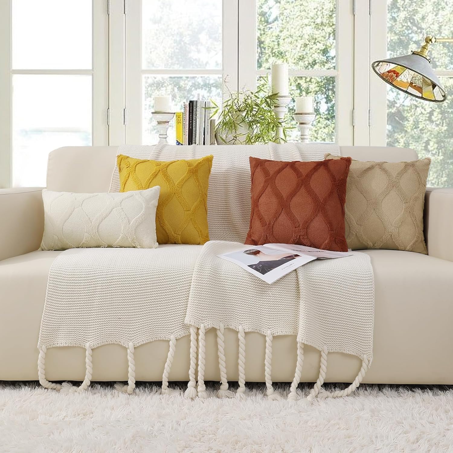 decorUhome Summer Throw Pillow Covers 20x20 Inch Set of 2, Soft Plush Faux Fur Wool Mustard Yellow Accent Couch Pillow Covers for Modern Fa…