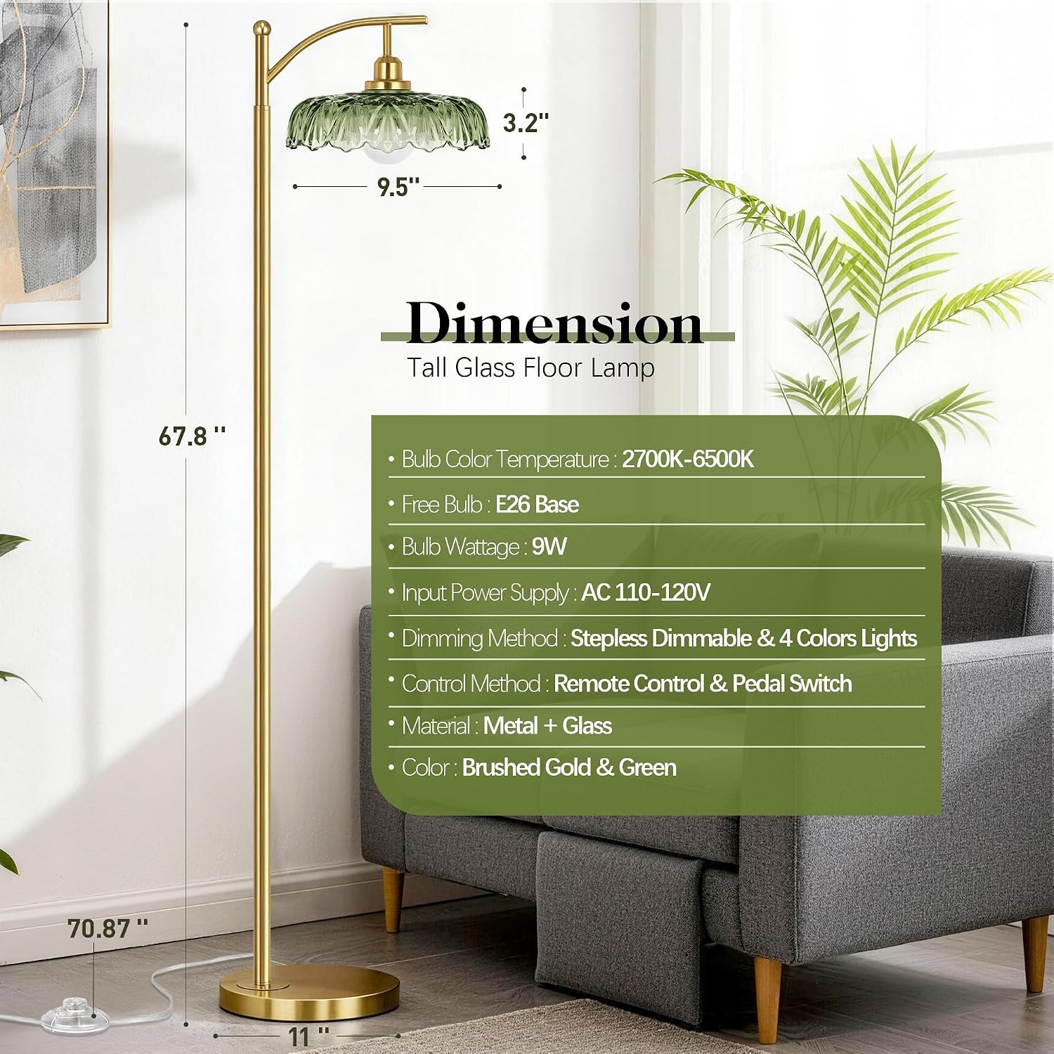 Gold Floor Lamp for Living Room, Dimmable Mid Century Modern Standing Lamp with Remote Control and Green Glass Shade, 68" Tall Lamp for…