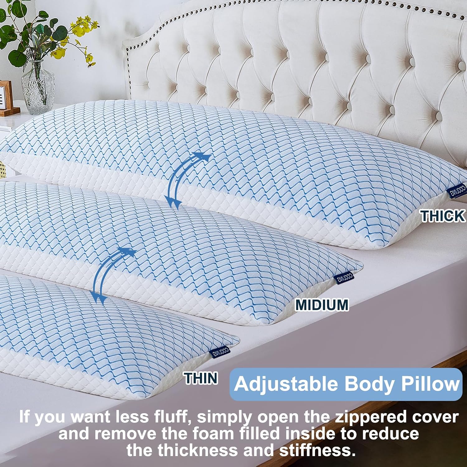 Gehannah Body Pillow for Adults - Shredded Memory Foam & Zippered Cooling Cover - Long Pillow for Sleeping - Bed Pillows for Side Sleeper W…