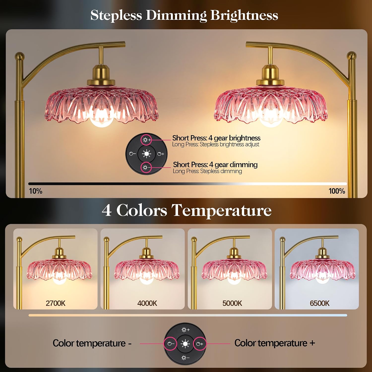 Gold Floor Lamp for Living Room, Dimmable Mid Century Modern Standing Lamp with Remote Control and Pink Glass Shade, 68" Tall Lamp for…