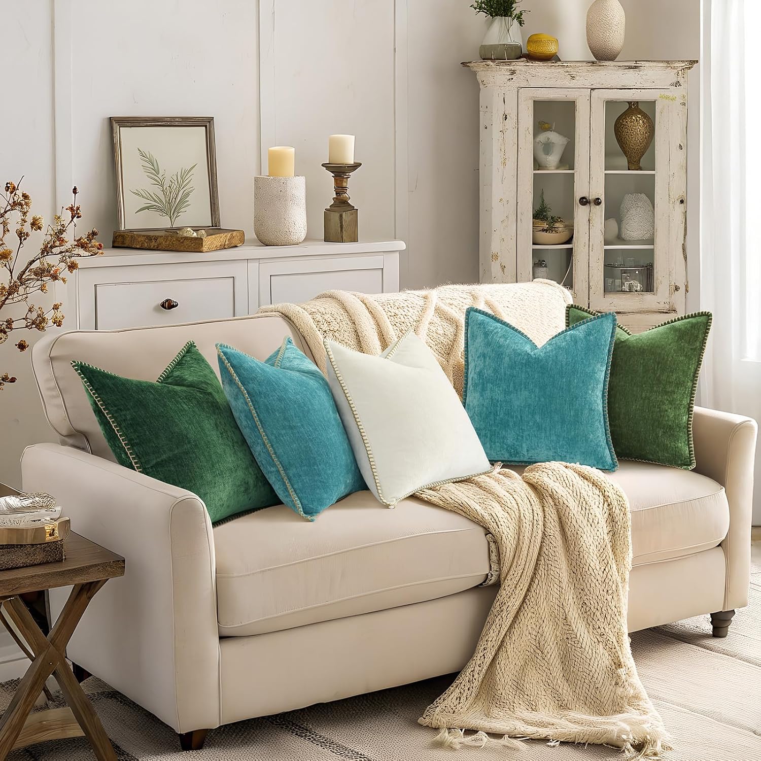 decorUhome Summer Chenille Soft Cozy Throw Pillow Covers 20x20 Set of 2, Modern Farmhouse Boho Velvet Decorative Pillow Cases with Stitched…