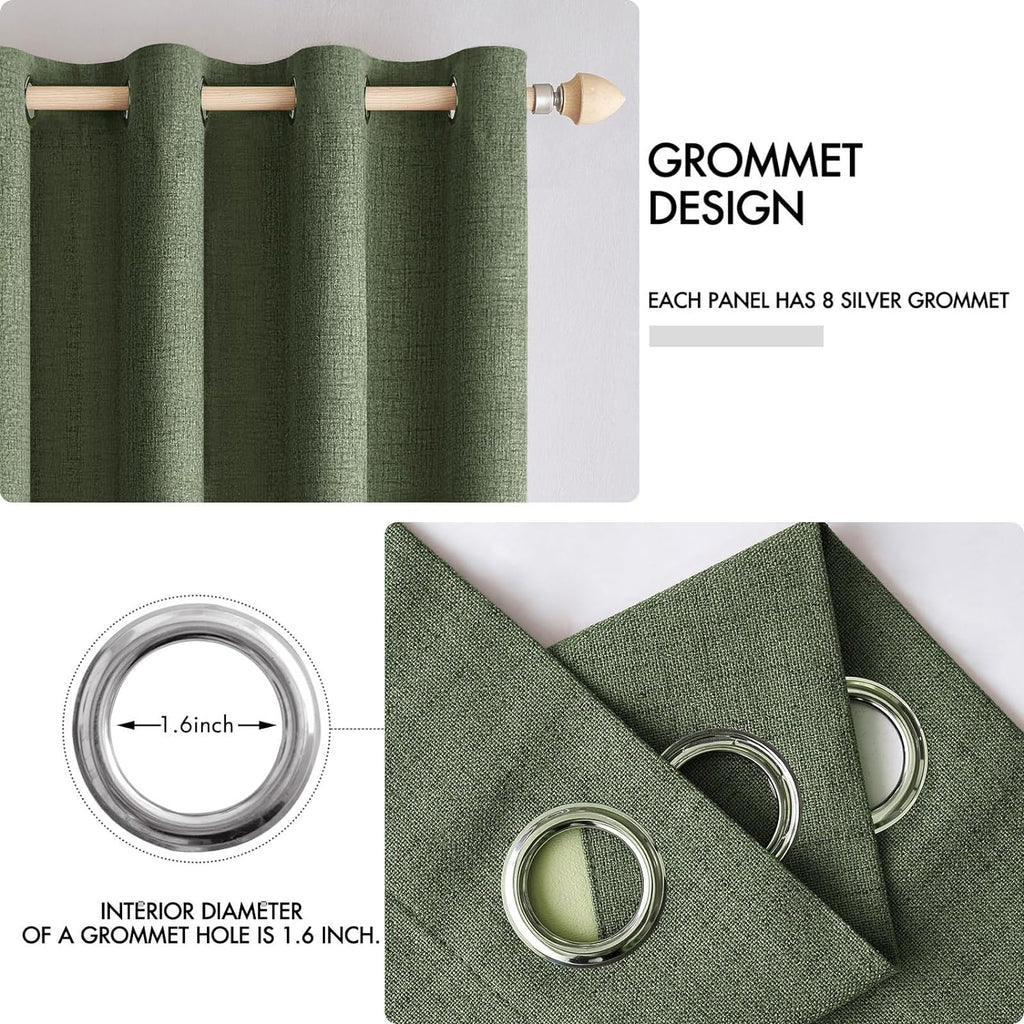 Miulee 100% Blackout Linen Textured Curtains for Bedroom Solid Thermal Insulated Olive Green Grommet Room Darkening Curtains & Drapes Luxur…