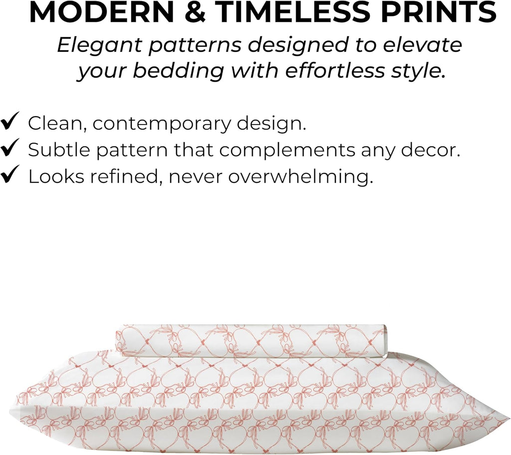 Twin Fitted Sheet with 18" Deep Pockets, No Flat - Percale Weave Natural - Breathable 100% Cotton Printed Bedding, 1 Fitted Sheet + 1…