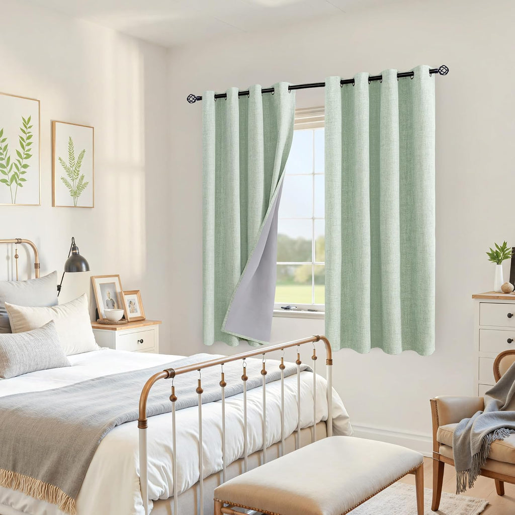 YoungsTex Sage Green Linen Blackout Curtains 68 Inch Length for Bedroom, Thermal Insulated Window Drapes with Grommet Room Darkening Countr…