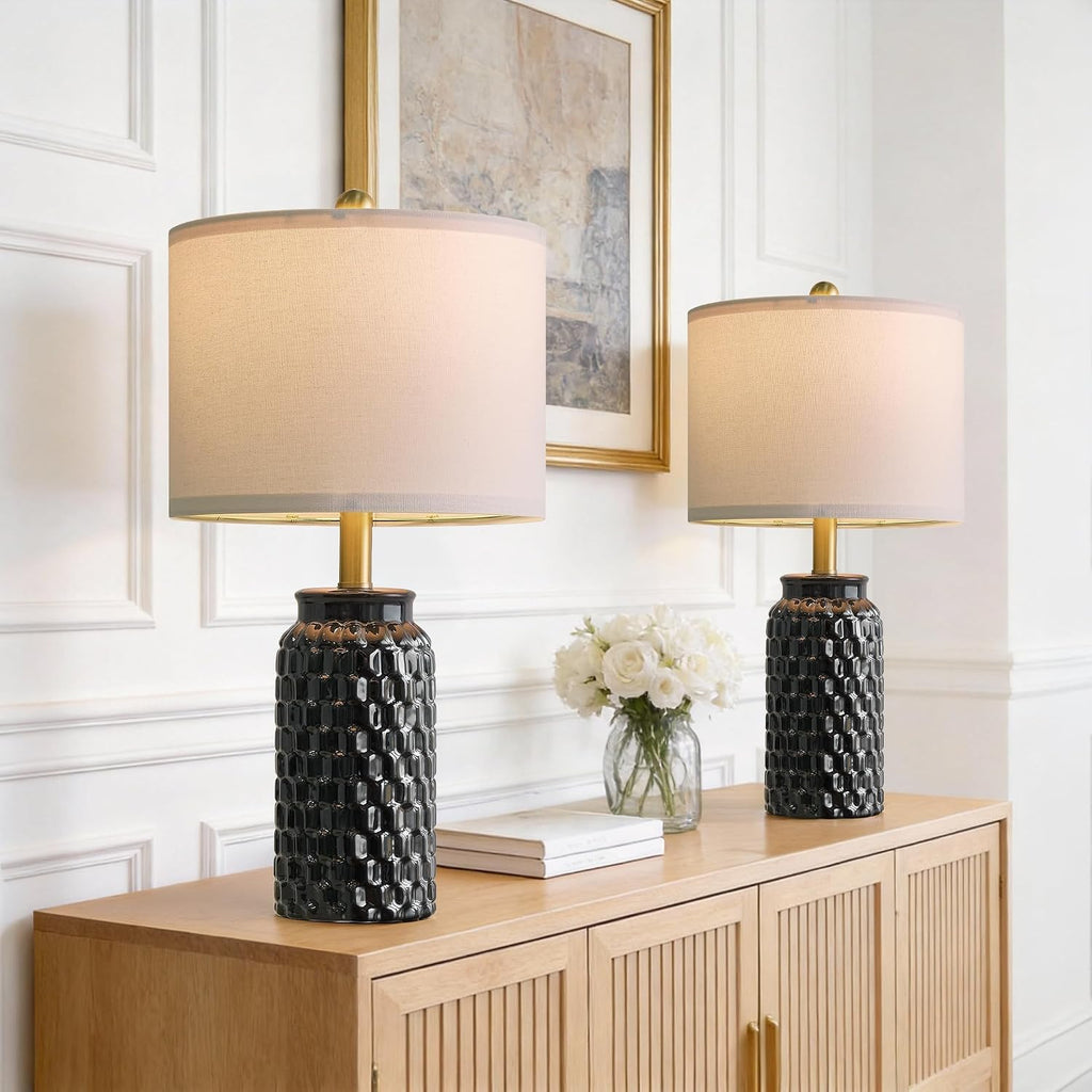 USumkky 20.5" Black Modern Ceramic Bedside Lamp Set of 2 for Bedroom Decor Farmhouse Table Lamp for Living Room Office Dorm