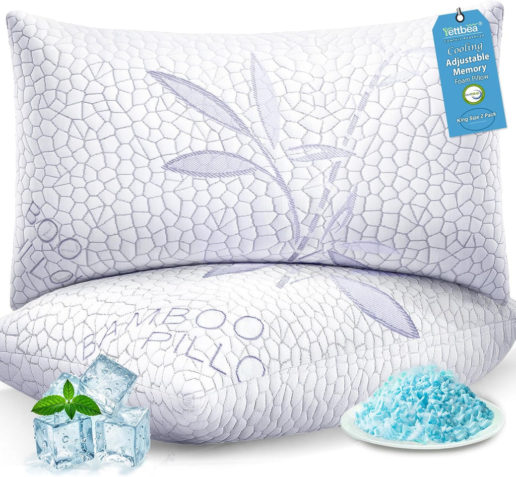 Yettbea Adjustable Shredded Memory Foam Pillows King Size Set of 2, Luxury Bamboo Cooling Pillow w/Washable Zippered Cover, Soft or Firm…