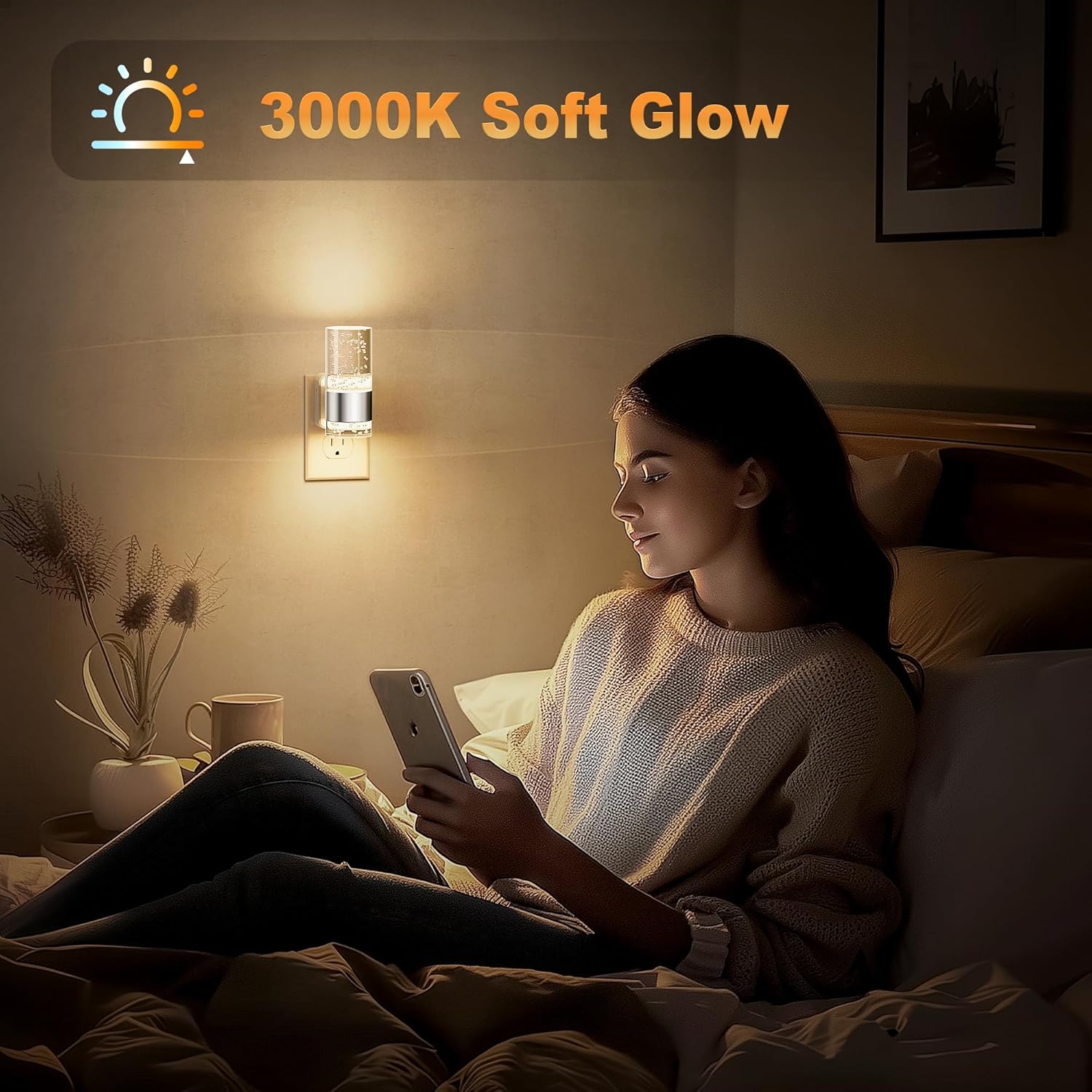 JandCase Night Light, Night Lights Plug into Wall,3000K Warm White LED Nightlight with Adjustable Brightness, Automatic Night Light Plug…