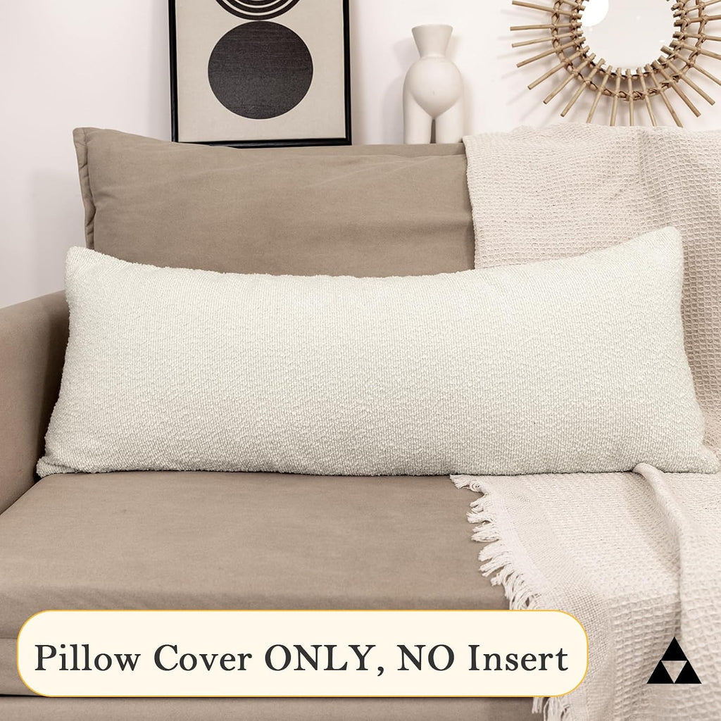 JoraLion 14x36 inch Boucle Lumbar Pillow Cover, Cream Woven Texture Neutral Long Pillow Cover Breathable Cushion Case for Couch Sofa Bed…