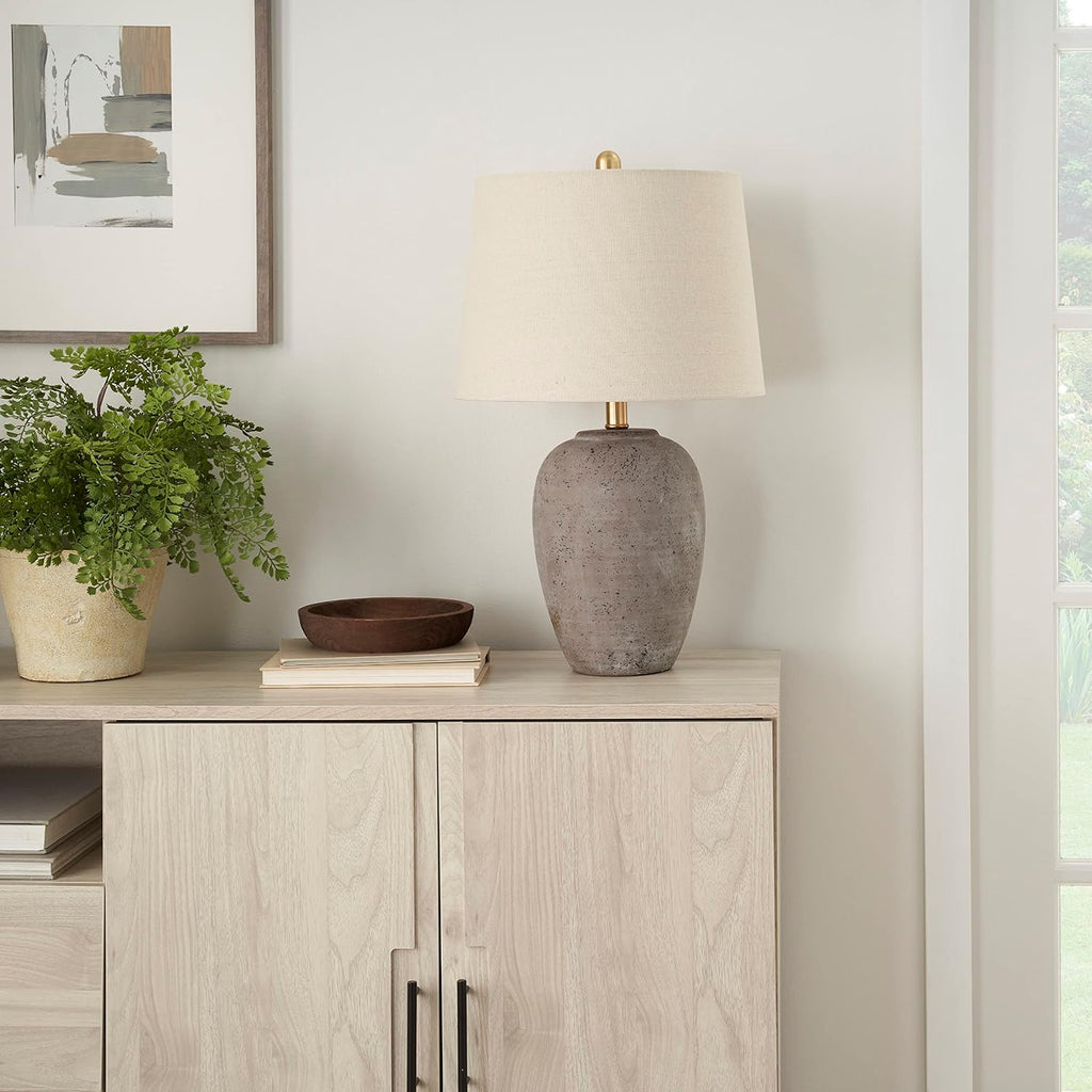 Nourison Home 23" Greyish Brown Earth Tone Rustic Farmhouse Ceramic Table Lamp for Bedroom, Living Room, Dining, Office, with Beige Linen…