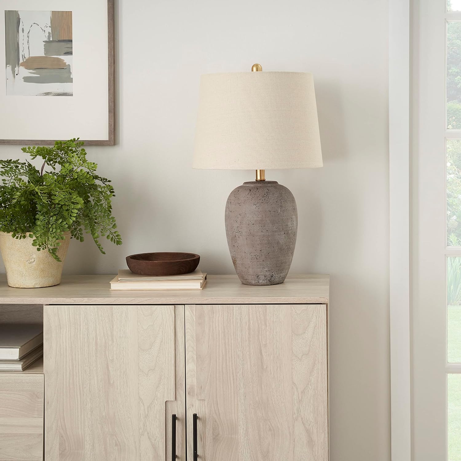 Nourison Home 23" Greyish Brown Earth Tone Rustic Farmhouse Ceramic Table Lamp for Bedroom, Living Room, Dining, Office, with Beige Linen…