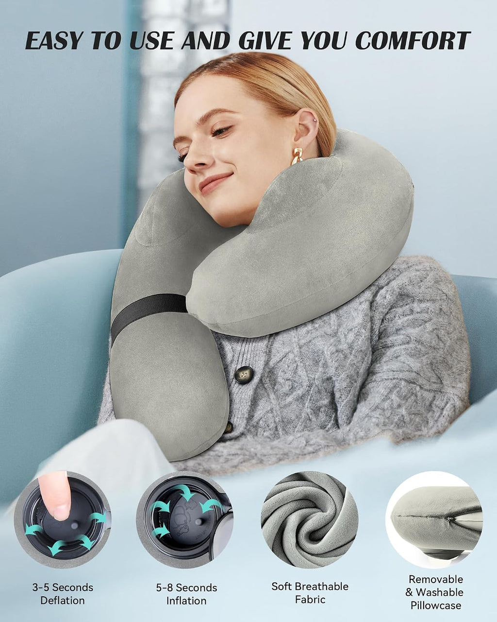 Patented Design Inflatable Travel Neck Pillow – Airplane Neck Pillow with 360° Head & Neck Support, Soft Washable Velvet Cover, Compact…