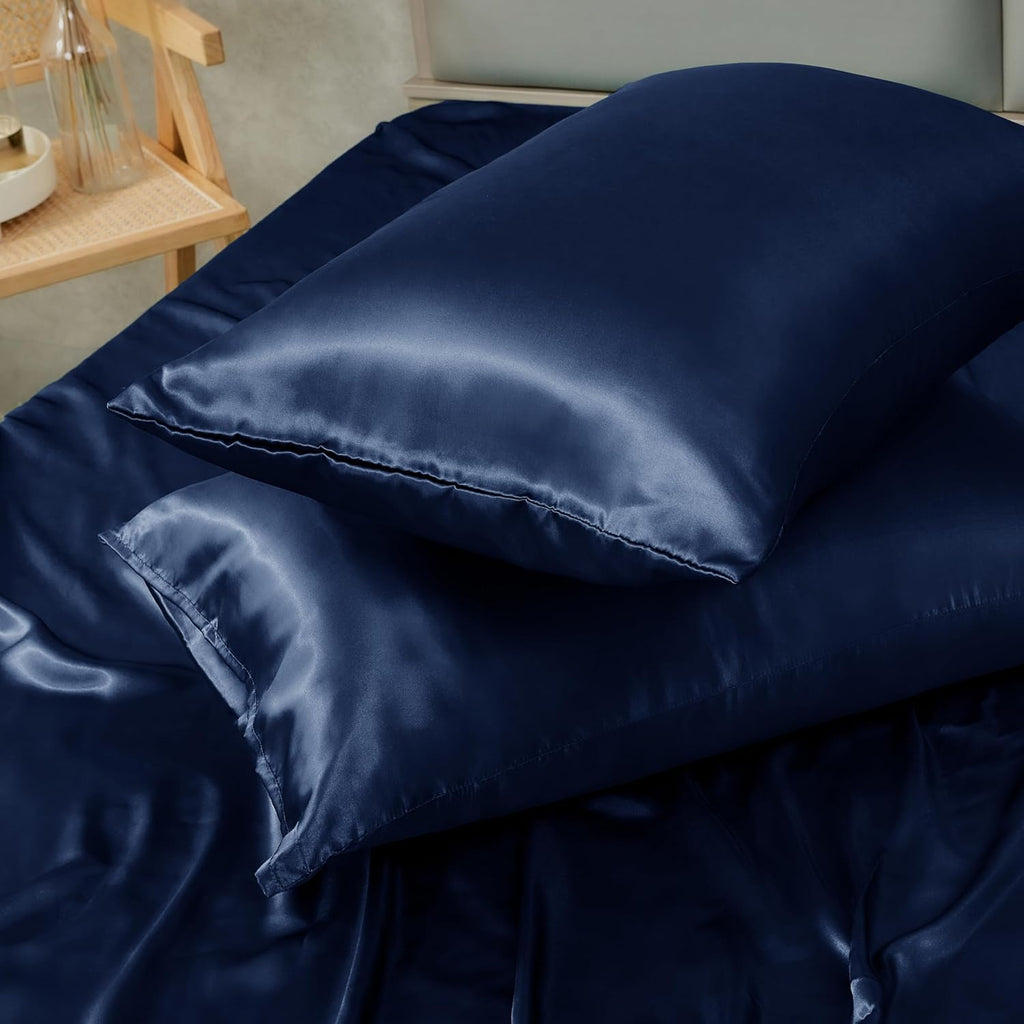 HommxJF Navy Blue Satin Pillowcase Standard Set of 2 with Envelope Closure, Navy Blue Silk Pillowcase for Hair and Skin (20x26) Blue