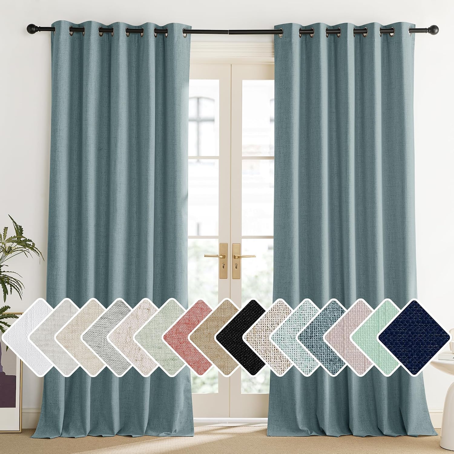 NICETOWN 100% Absolutely Blackout Linen Curtains with Thermal Insulated Liner, Skylark Blue, 62" Wide, 102" Length Energy Saving Curtains…
