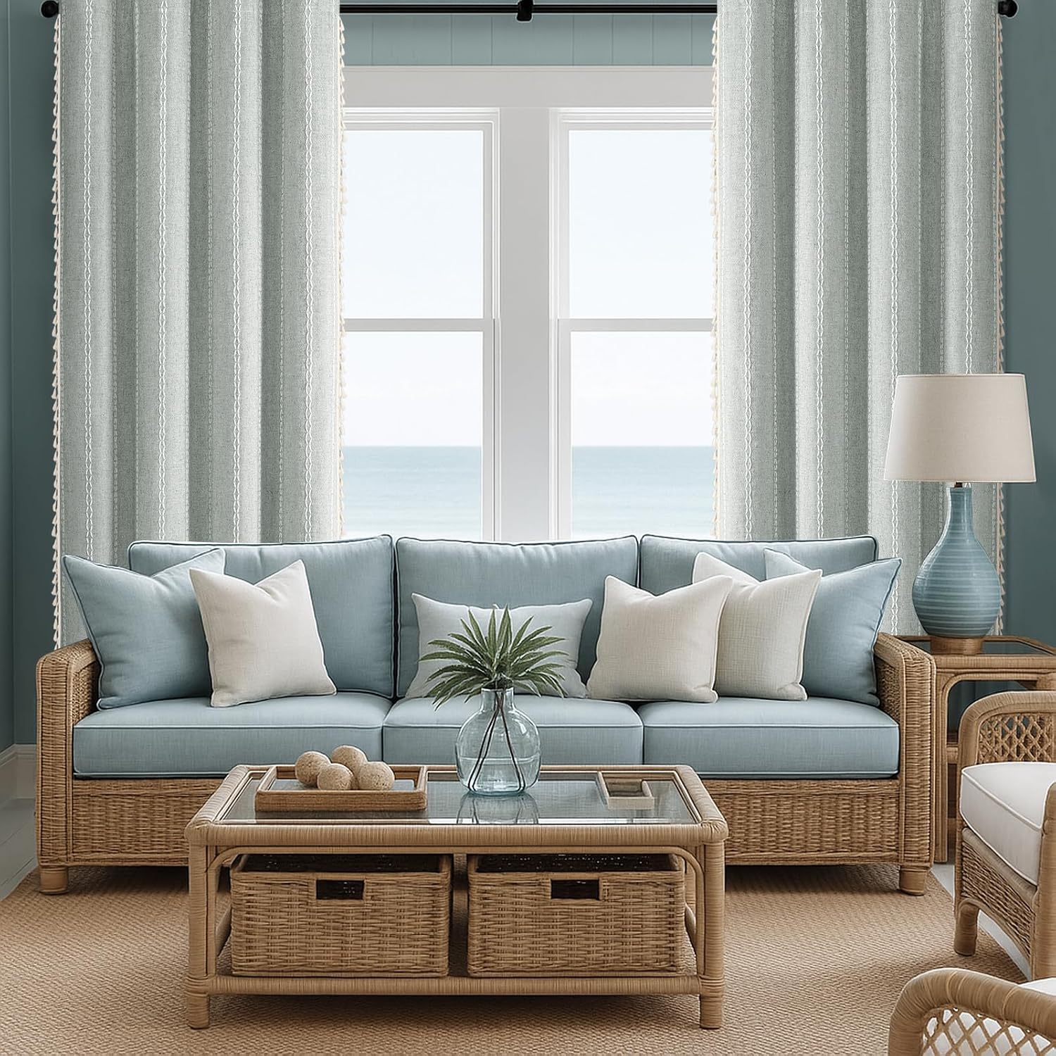 XOGUIBO Teal Boho Blackout Curtains 2 Panels 84 Inch for Living Room Bedroom, Light Green Linen Texture Farmhouse Curtains with Tass…