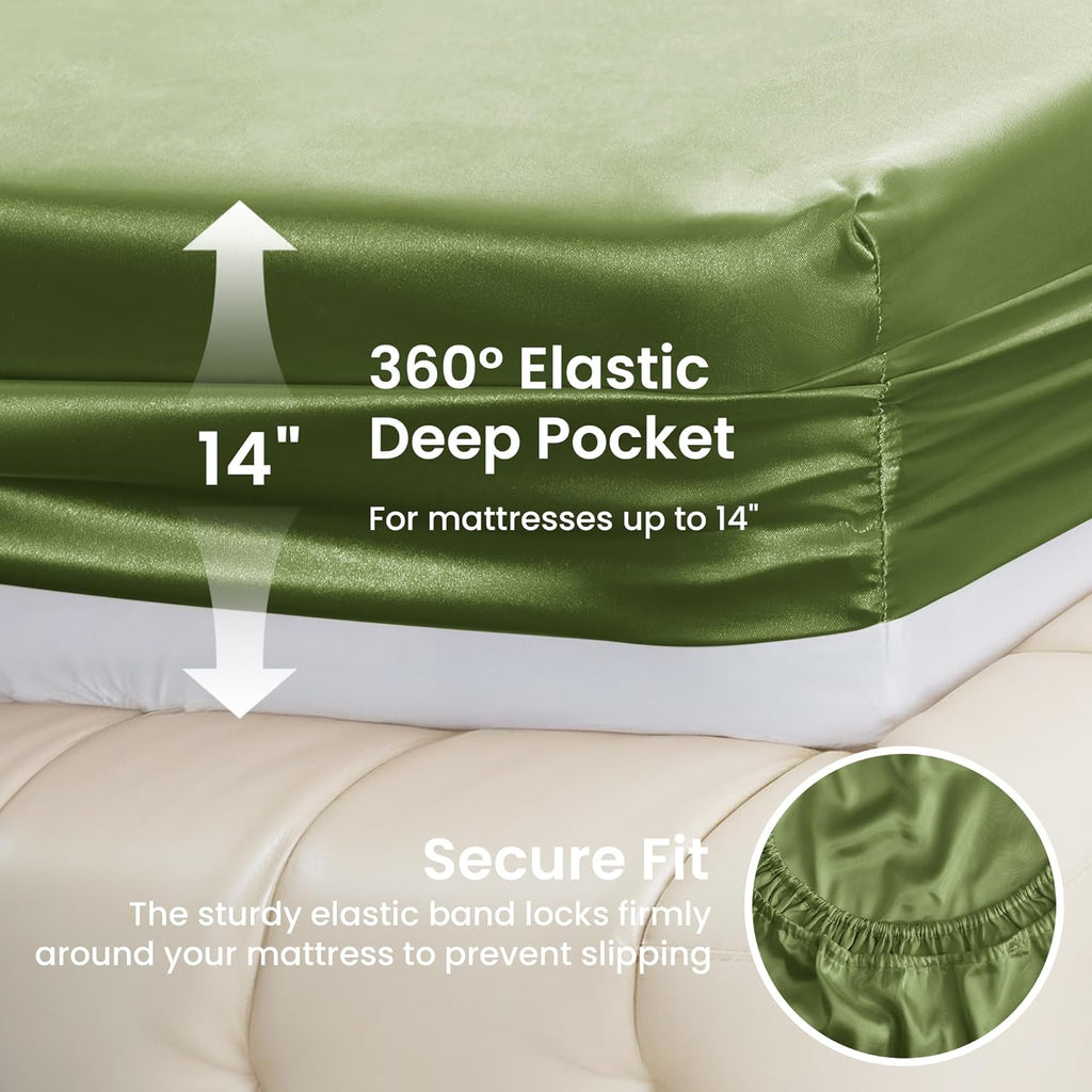 Lovescabin Love's cabin California King Satin Sheet Sets - 4 Piece Sage Silky Sheets Bed Set with Deep Pocket, Luxury Silk Feel Satin Cal K…