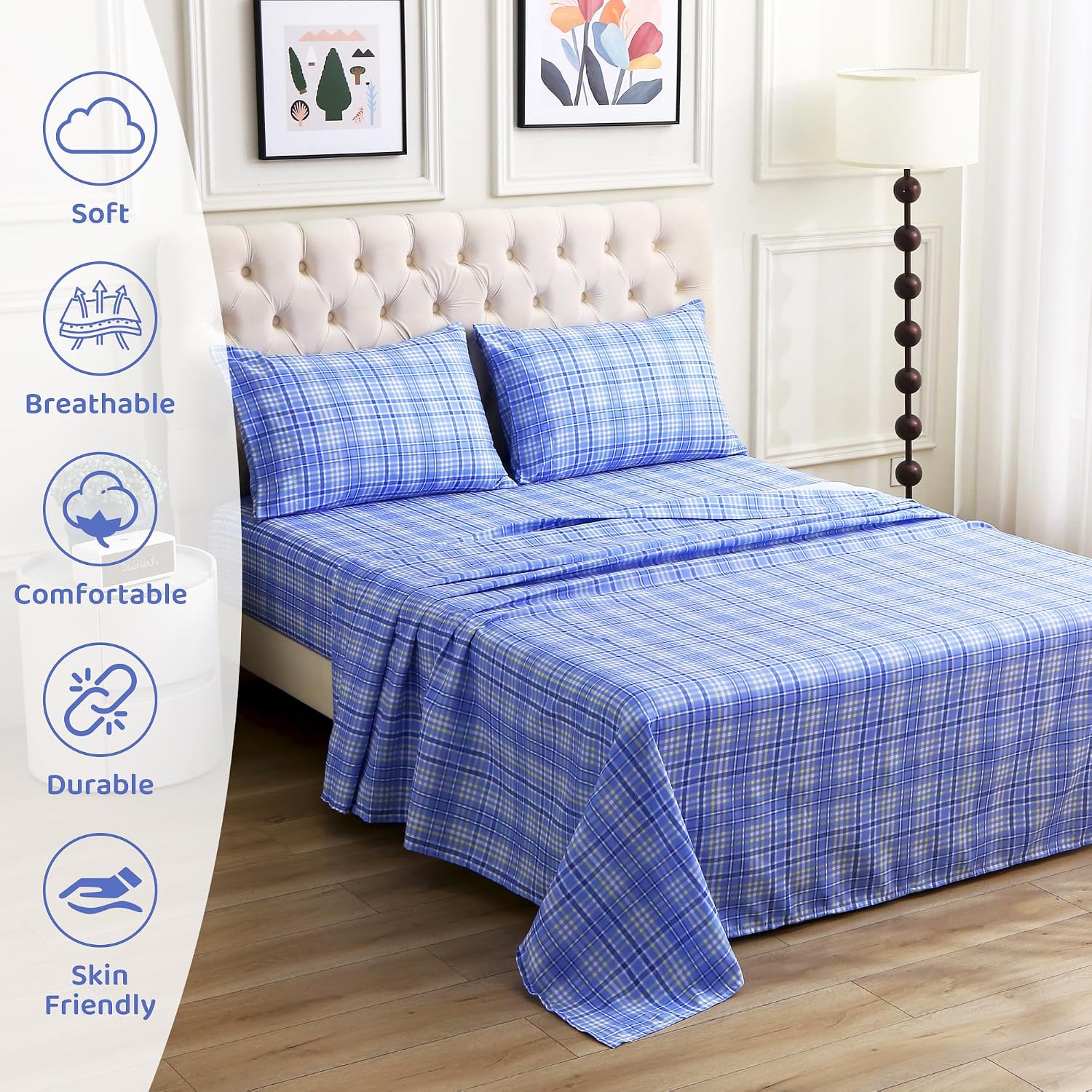 mooreeke Cozy Plaid Microfiber Printed Twin Sheet Set - Soft & Breathable Purple Yellow Plaid Bed Sheets with Extra Deep Pocket - Non-Slip…