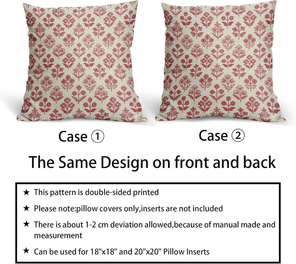 Red Pink Floral Block Print Pillow Covers 18x18 Inch Set of 2, Vintage Flower Pattern Decorative Throw Pillowcases Outdoor Farmhouse…