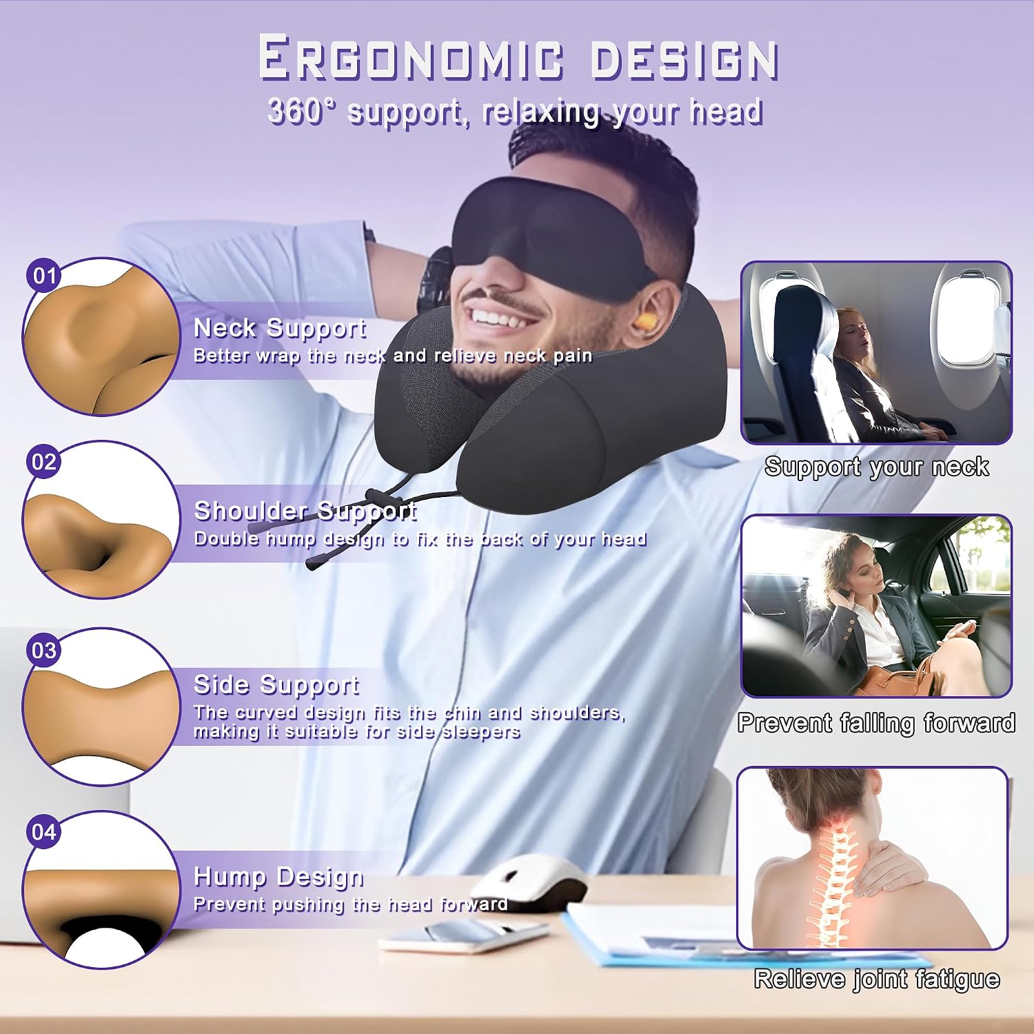 Neck Travel Pillow, Upgraded Memory Foam Pillow for Airplane, Machine Washable, Adjustable Flight Pillow, Suitable for Sleeping Airplane…