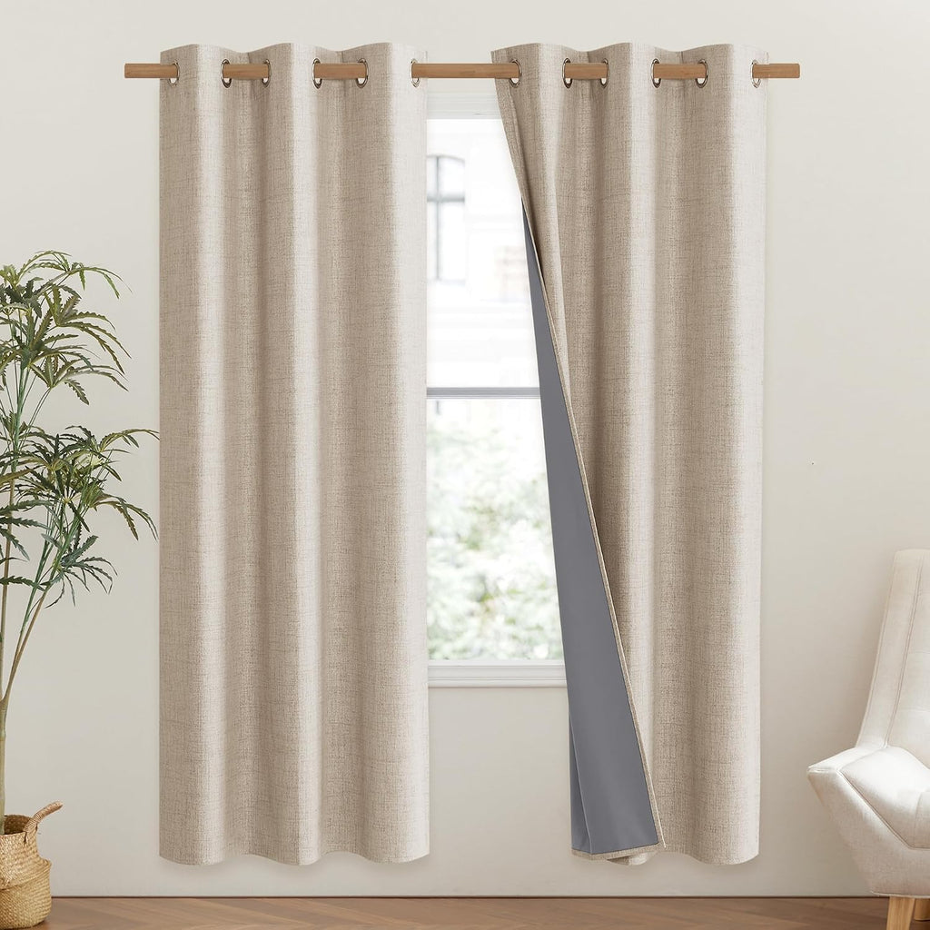 NICETOWN Cream 100% Blackout Linen Curtains 72 inch Long Burg for Classroom, 1 Pair, 42" Width Each Panel, Farmhouse Thick Completely…