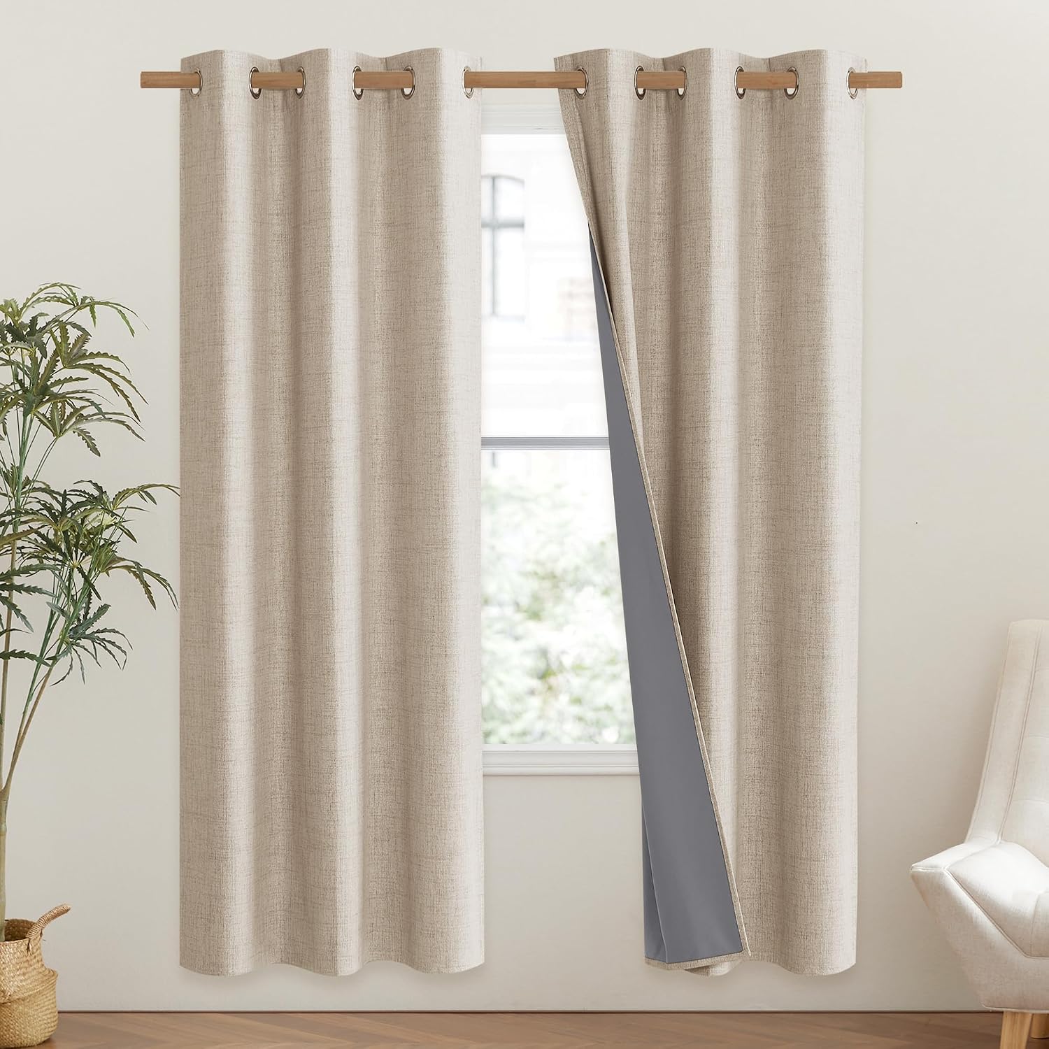 NICETOWN Cream 100% Blackout Linen Curtains 72 inch Long Burg for Classroom, 1 Pair, 42" Width Each Panel, Farmhouse Thick Completely…