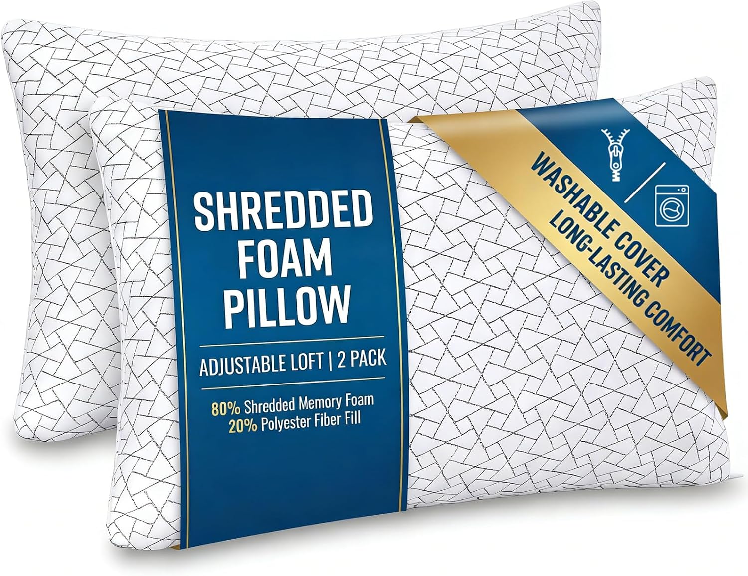 Meoflaw Adjustable Memory Foam Pillows: 2 Pack Queen Size Shredded Foam Bed Pillow for Sleeping with Removable & Washable Pillowcase for Al…